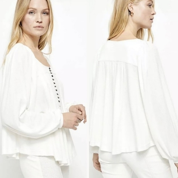 Free People "Devin Top" Henley Balloon Sleeve Shirt White | Women's Size L - Picture 3 of 12